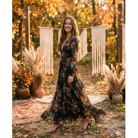 Spy Zone Exchange Dresses & Skirts - Spy Zone Exchange Women M Floral Maxi Dress Black Chiffon Long Sleeve Boho Fall